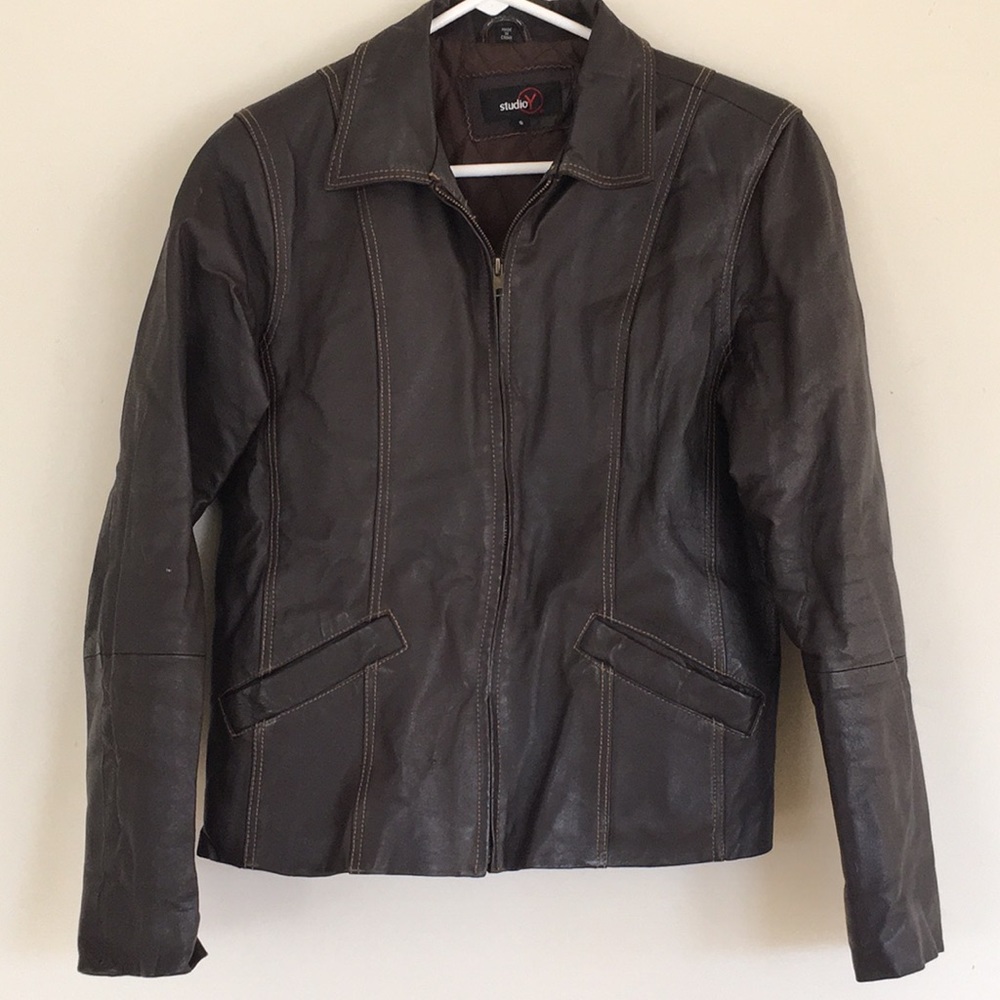 Studio Y Leather Jacket Zip Front Brown Sz Sm